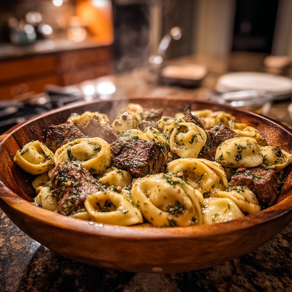 Garlic Steak Tortellini with Garlic Herb Wine Sauce