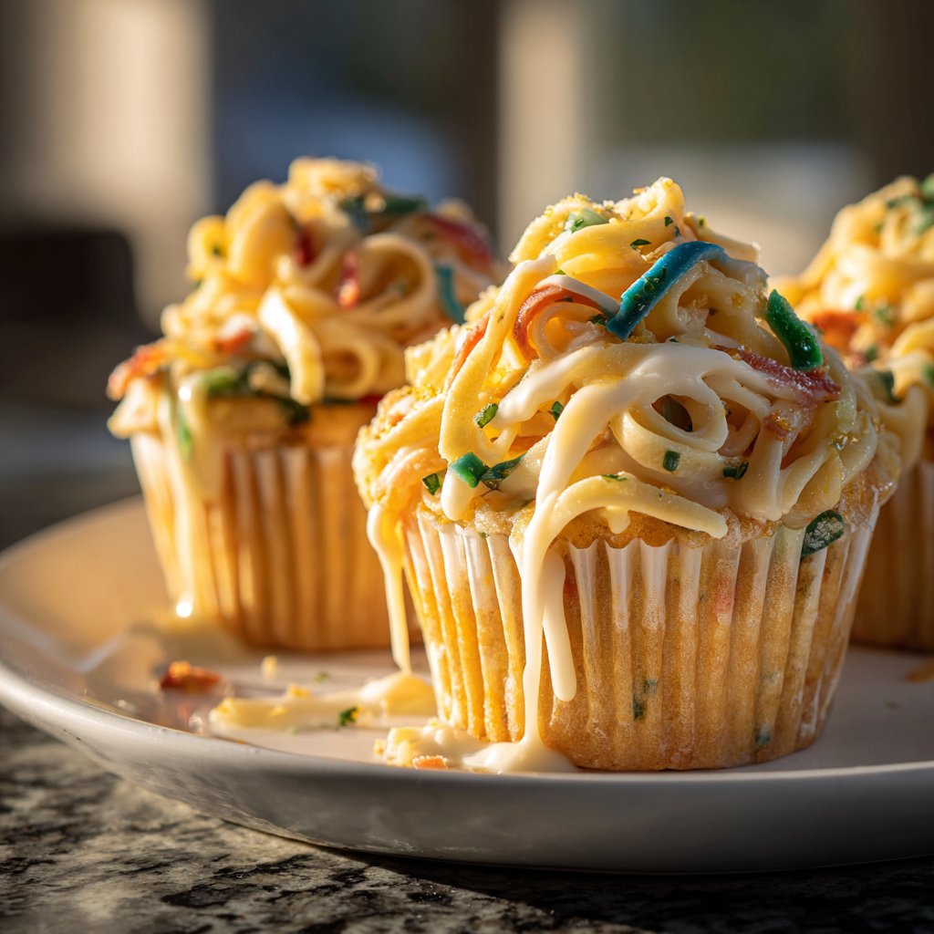 Colorful Fettuccine Alfredo Cupcakes